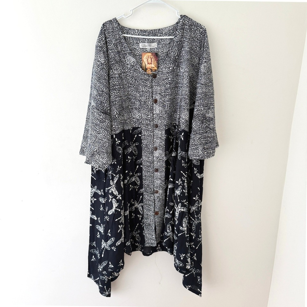 Tunic Dress Women 5X Boho Lagenlook Art to Wear Dragonfly Mixed Print Flowy